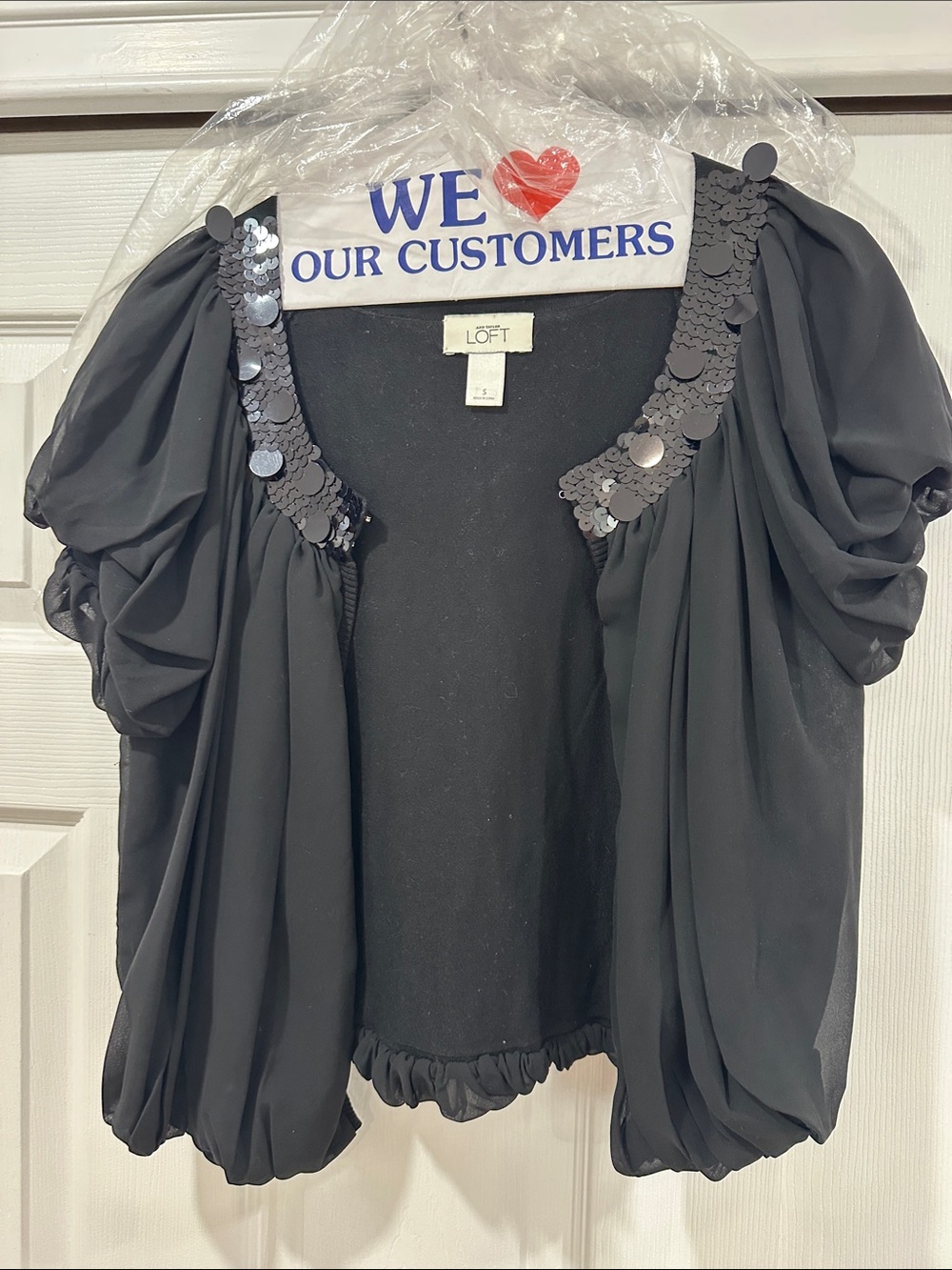 LOFT Black Sequin-Trim Puff Sleeve Bolero Jacket